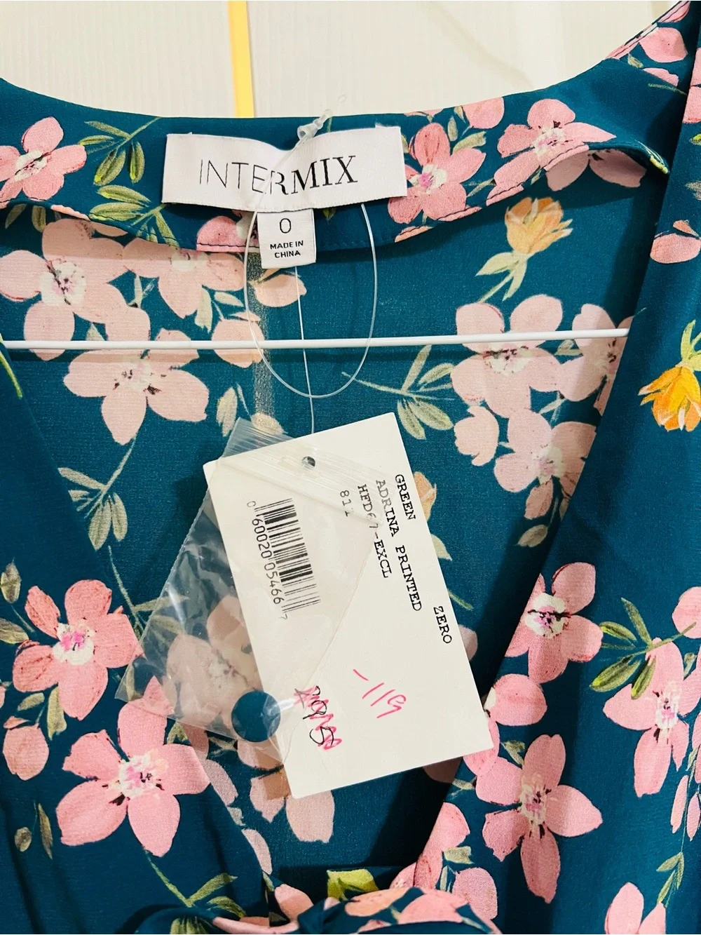 INTERMIX Teal Floral Ruched High-Low Silk Dress with Pink Blossoms